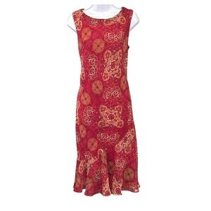 Vintage Y2K Scarlett Red Floral Bias Cut Midi Dress Sleeveless Cottagecore Boho
